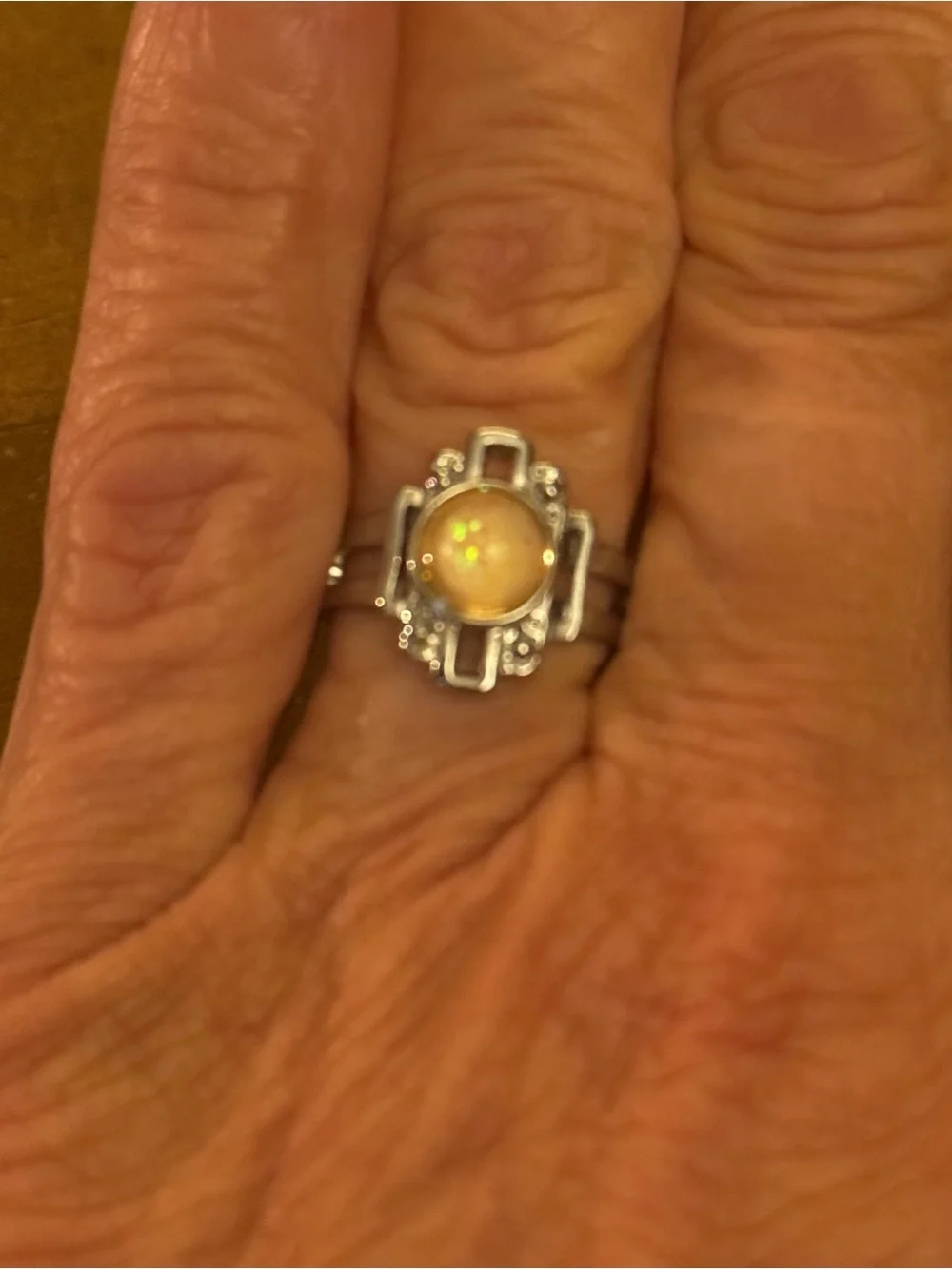 Vintage silver tone geometric glitter cabochon stone ring
